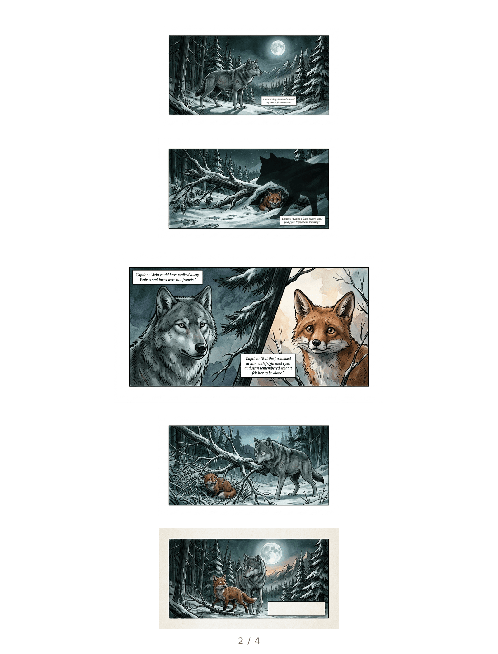 A finished page from Arin's Song — the grey wolf beneath winter pines